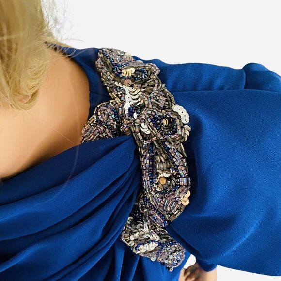 Vtg Dress 80s Long Sleeve Evening XLP Mother The Bride Modest Blue Sequins Midi - Picture 12 of 16